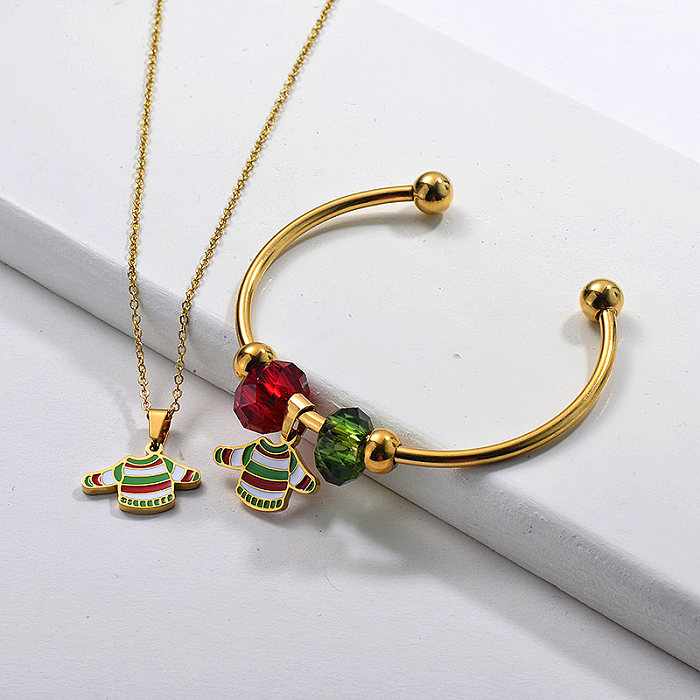 Stainless Steel Gold Plated Christmas Sweater Necklace Bangle Women Jewelry Set