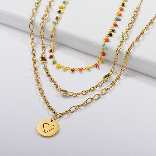 Gold Hollow Heart Charm With Colorful Bead Cable Chain Necklace