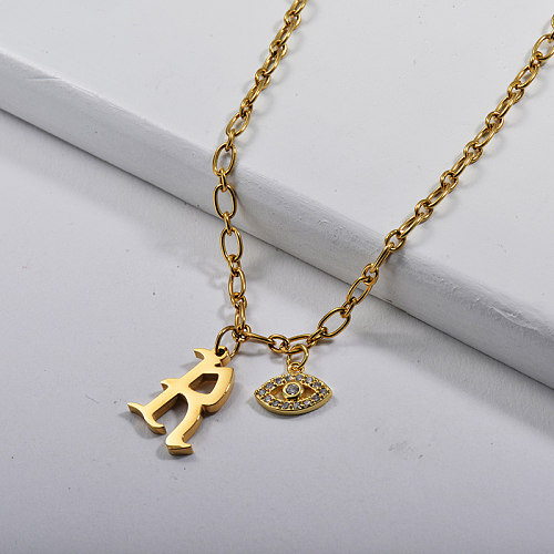 Fashion Gold Gothic Alphabet R With Evil Eye Copper Charm Necklace