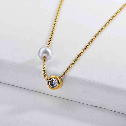 Simple Pearl With Clear Zircon Charm Gold Bead Chain Necklace