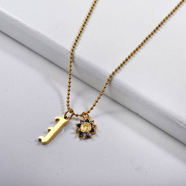 14K Gold Letter I With Flower Charm Necklace For Women