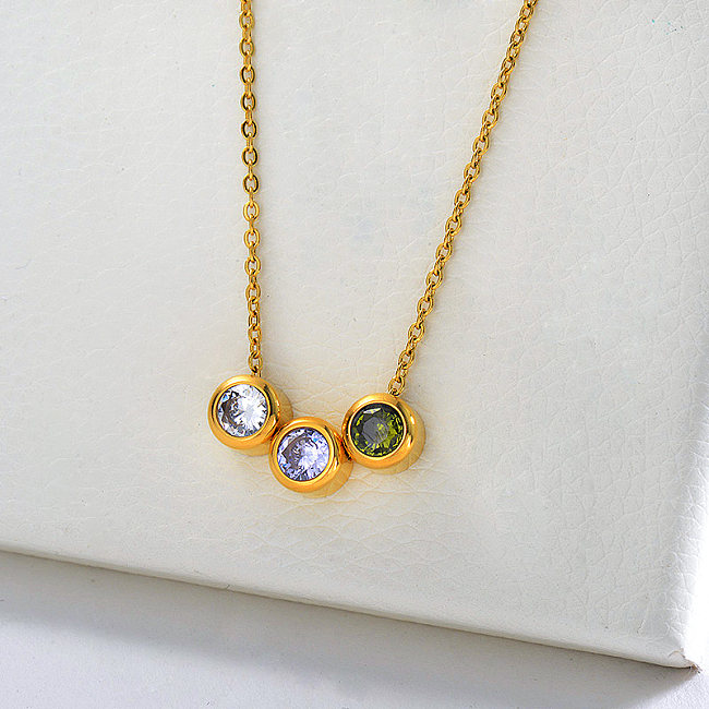 Gold Three Pieces Colorful Zircon Charm Necklace For Women