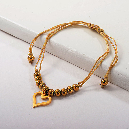 New Fashion Heart Pendant Gold Plated Stainless Steel Beaded Cream-Coloured Bracelet Hand-Made