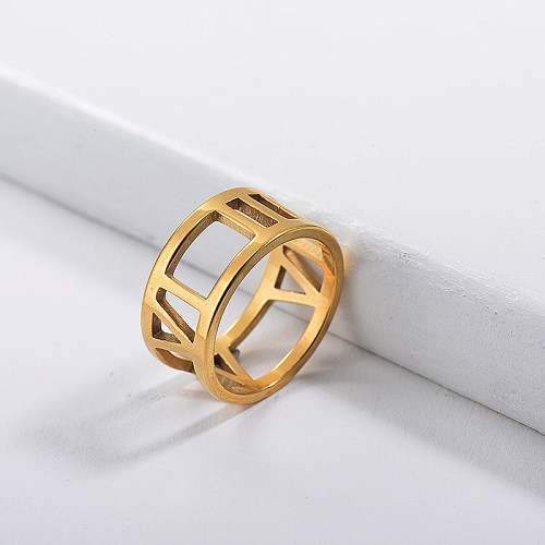 Anéis de noivado com números romanos simples de ouro em aço inoxidável