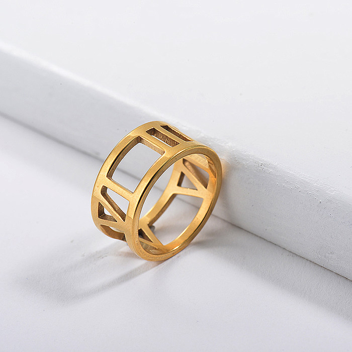 Anéis de noivado com números romanos simples de ouro em aço inoxidável