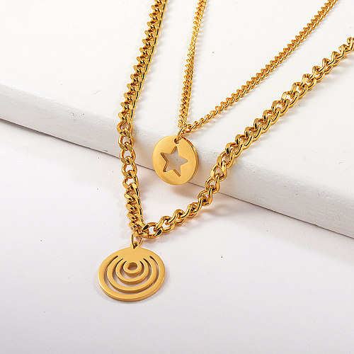 Fashion Luck Star Hollow Round Pendant Curb Link Chain Layer Necklace