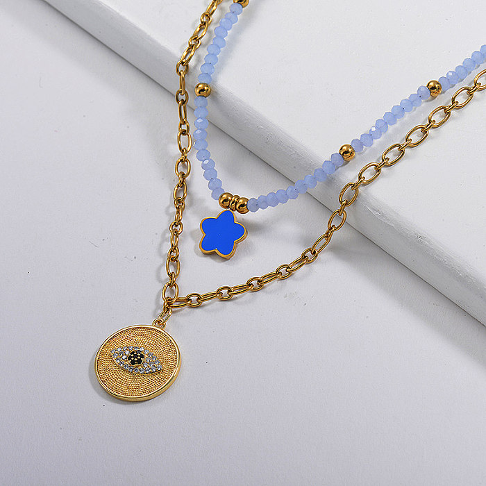 قلادة عين الشر من الذهب النحاسي مع قلادة من طبقات سلسلة مطرز باللون الأزرق  - Jewenoir