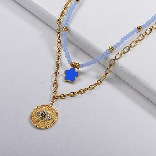 Copper Gold Evil Eye Round Pendant With Blue Beaded Chain Layered Necklace