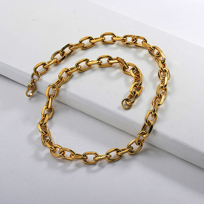 Collar de cadena llamativo ovalado irregular de metal puro dorado de moda