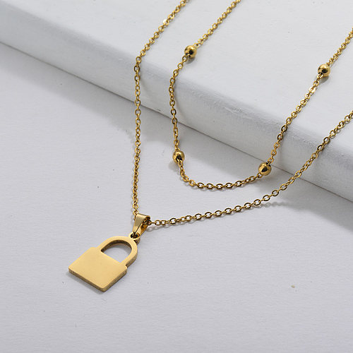 Simple Gold Lock Pendant Double Beads Chain For Women