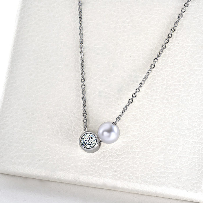 Pearl With Clear Zircon Charm Silver Necklace For Lover