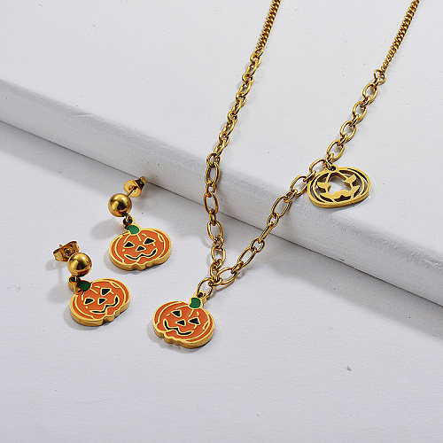 Wholesale Stainless Steel Gold Plated Pumpkin Necklace Earring Jewelry Set