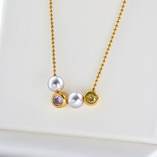 New Design Pearl With Colorful Zircon Charm Ball Chain Necklace