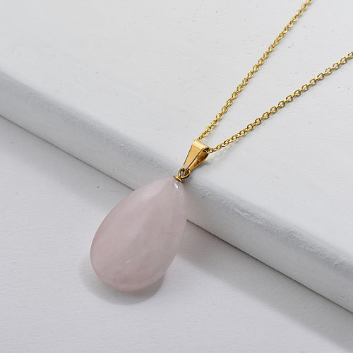 Gold Stainless Steel Pink Natural Stone Pendant Necklace For Ladies