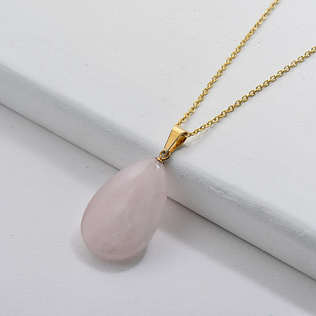 Collier pendentif en pierre naturelle rose en acier inoxydable doré pour dames