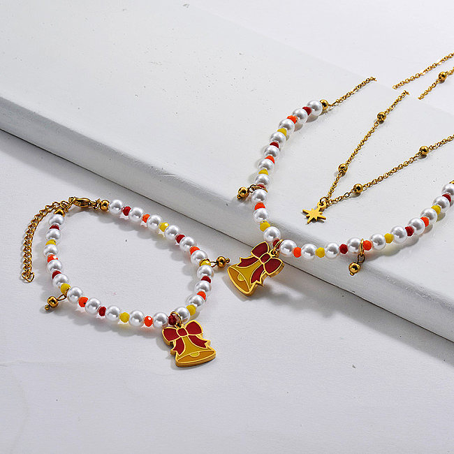 Vente en gros Ensemble de bracelet de collier de cadeau de chaîne de perles fraîches de Noël plaqué or