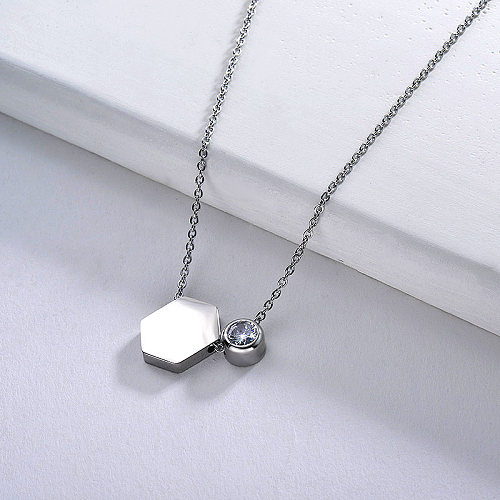 Trendy Silver Hexagon Geometry Charm With Zirconia Necklace For Women