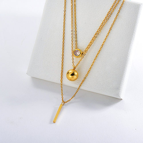 Charme de boule de barre d'or de mode avec le collier en couches de zircon pour les femmes