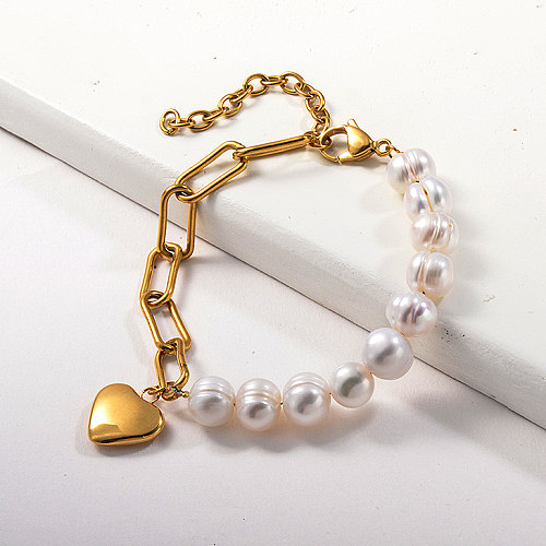 Nature Pearl Beaded Heart Pendant  Paperclip Chain Bracelet
