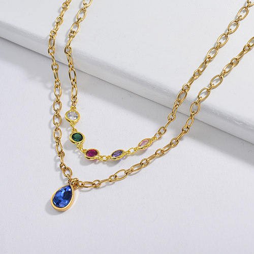 Fashion Blue Crystal Gemstone With Colorful Beaded Layer Chain Necklace