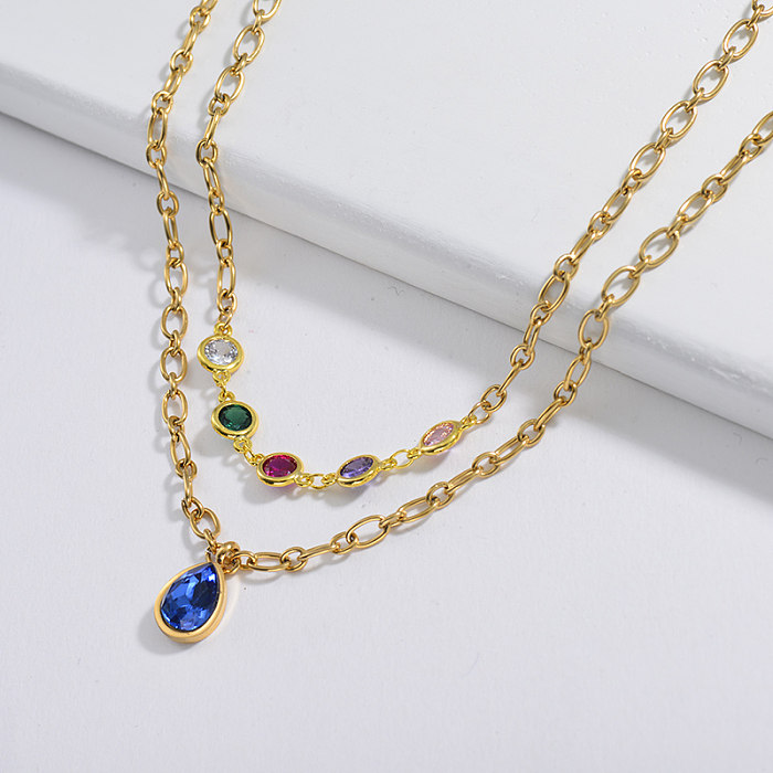 Fashion Blue Crystal Gemstone With Colorful Beaded Layer Chain Necklace