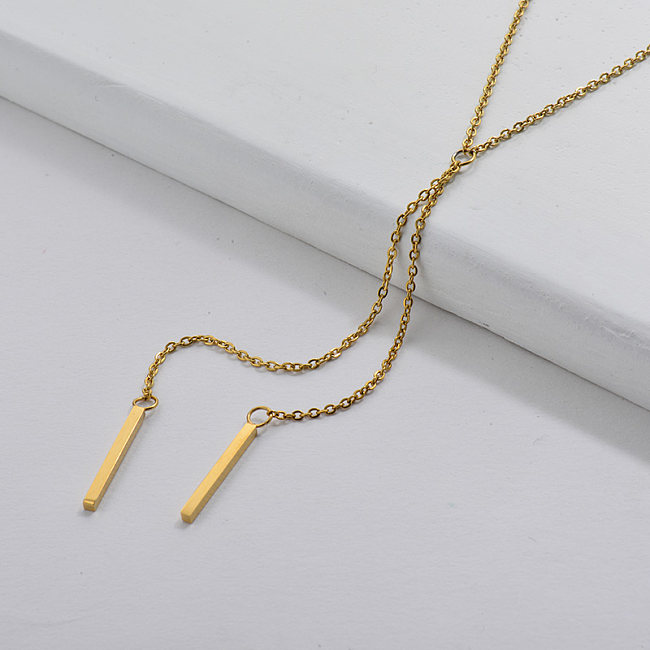 Dainty Gold Bar Charm Y Shaped Lariat Necklace