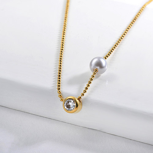 Einfache Perle mit klarer Zirkon Charm Gold Frauen Halskette