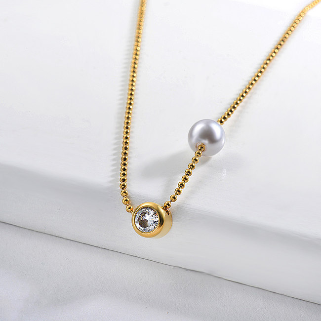Collar De Perla Simple Con Encanto De Circón Transparente De Oro Para Mujer