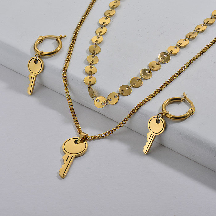 Großhandel Edelstahl vergoldet Schlüssel Halskette Ohrring Morganite Braut Set
