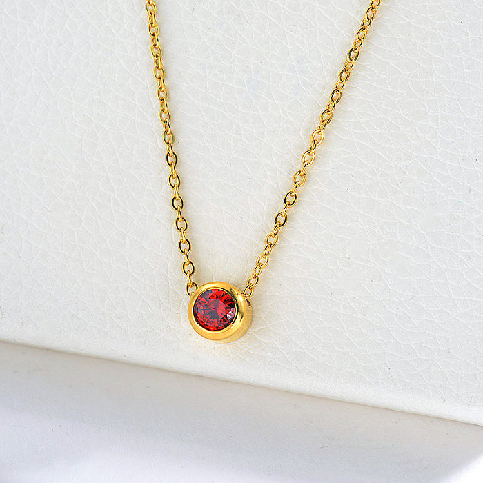 Simple Gold Pure Metal With Red Zirconia Charm Necklace For Girlfriend