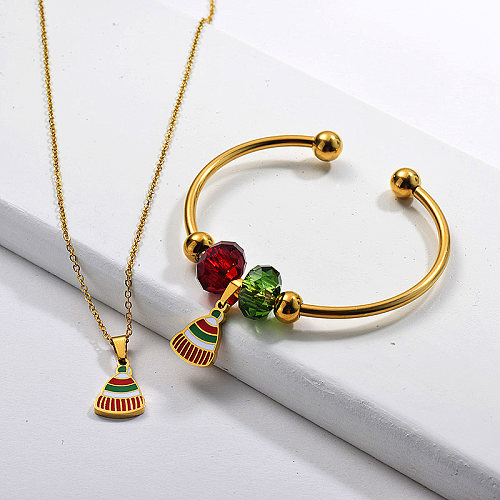 Commerce de gros en acier inoxydable plaqué or chapeau de Noël collier collier bracelet ensemble de bijoux