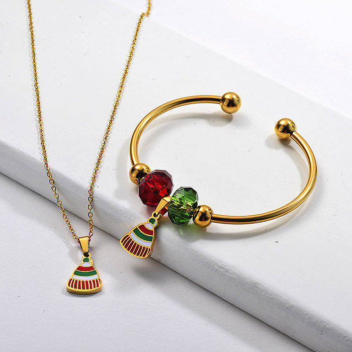 Commerce de gros en acier inoxydable plaqué or chapeau de Noël collier collier bracelet ensemble de bijoux