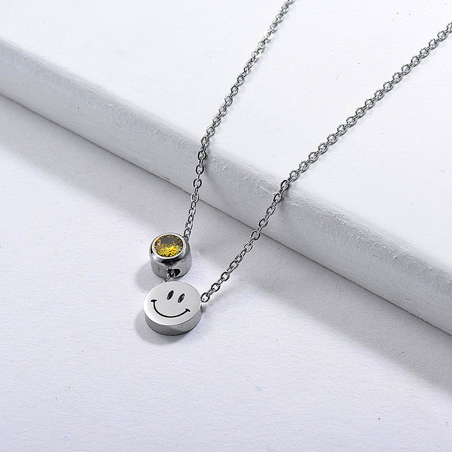 Stainless steel Silver Smile Face Charm With Yellow Zirconia Necklace For Women