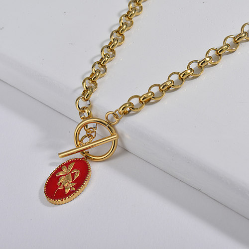 Fashion Red Enamel Lily Oval Pendant OT Clasp Round Circle Link Chain Necklace For Ladies