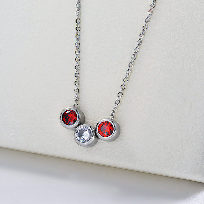 Stainless Steel Silver Red Zirconia Charm Necklace For Women