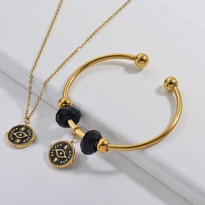 Conjunto de pulseira em aço inoxidável de marca famosa banhado a ouro de seis pontas em estrela