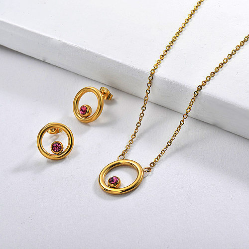 Stainless Steel Gold Plated Pink Zircon Crystal Ring Necklace Earring Set