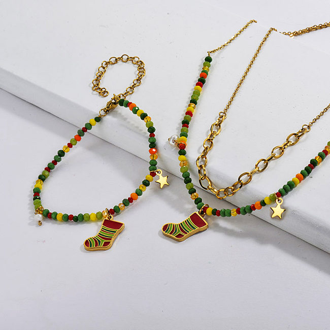 Stainless Steel Gold Christmas Bead Sock Necklace Earrings Sets