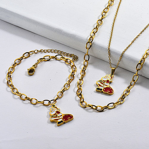 Wholesale Stainless Steel Gold Plated Christmas Santa Claus Necklace Bangle Set