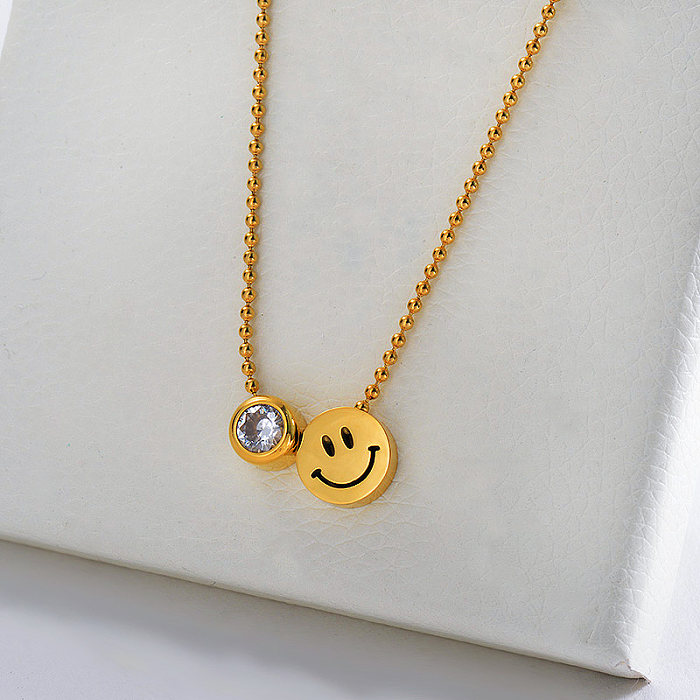 Stainless steel Gold Smiley Face Charm With Zirconia Necklace For Women
