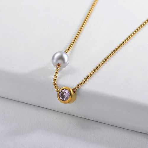Cute Pearl With Pink Zircon Charm Gold Necklace FOR Girl