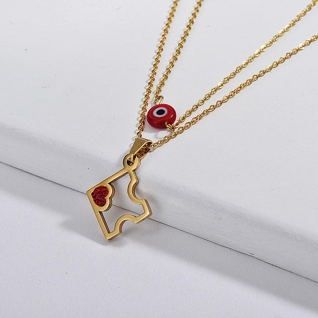 Red Evil Eye With Gold Puzzle Pendant Layer Chain Necklace