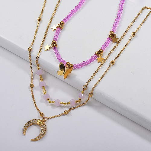 Trendy Horns Pendant With Star Charm Pink Beaded Chain Layered Necklace