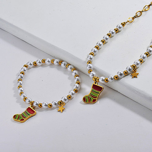 Stainless Steel  Gold Christmas Pearl Sock Necklace Earrings Sets
