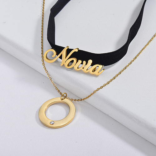Gold Round With Name Charm Black Flannel Layer Chain Choker Necklace