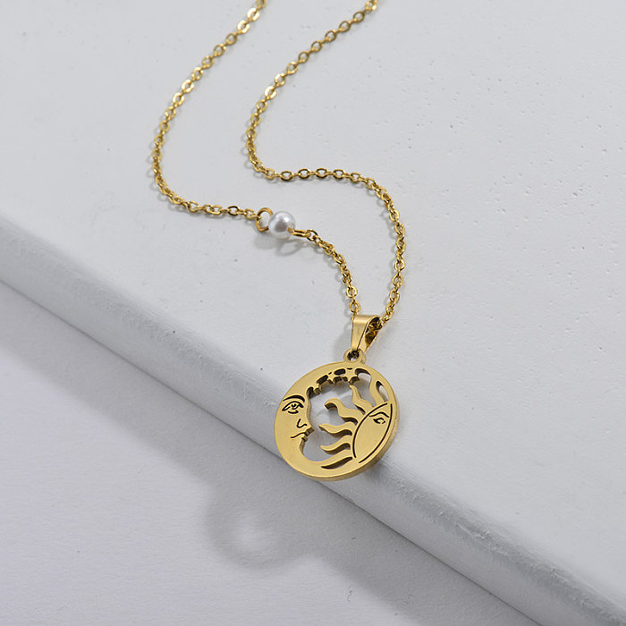 Simple Gold Round Pendant With Moon Sun Pattern Women Necklace