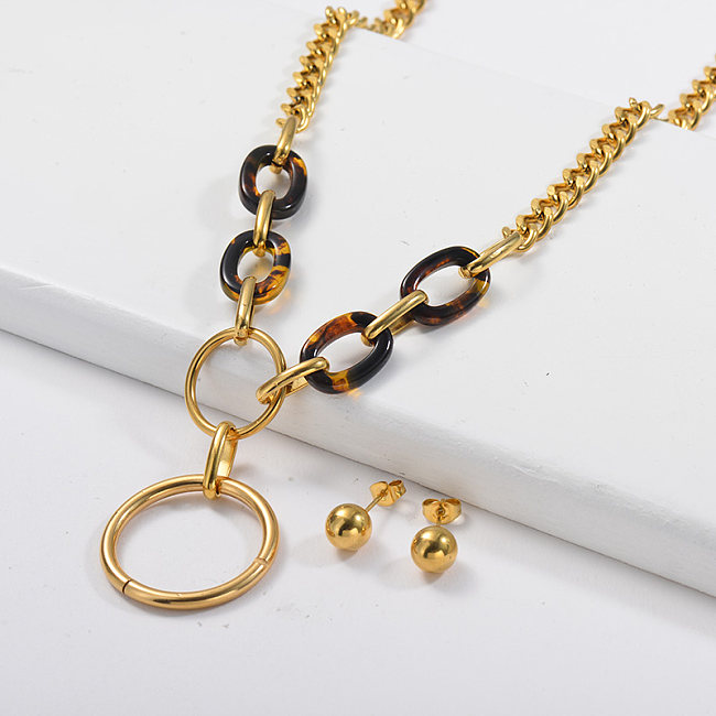Encanto oval de leopardo de moda con collar de cadena de eslabones de acera de círculo de metal