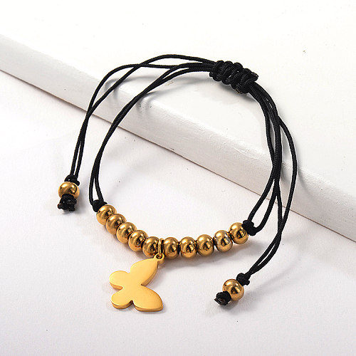 Classics Butterfly Pendant  Gold Plated Beaded Black Bracelet Hand-Made