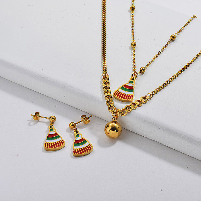 Wholesale Stainless Steel Gold Plated Christmas Hat Necklace Earrings Set