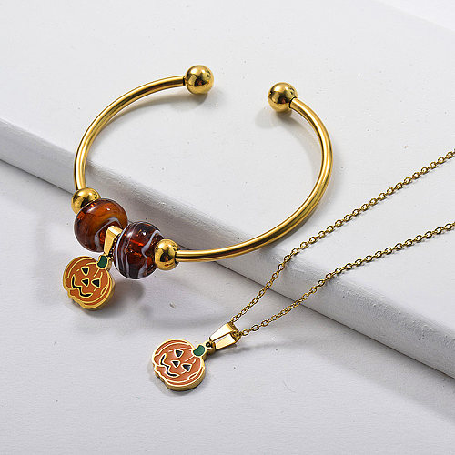 Conjunto de joias com pulseira de colar de abóbora de Natal em aço inoxidável banhado a ouro